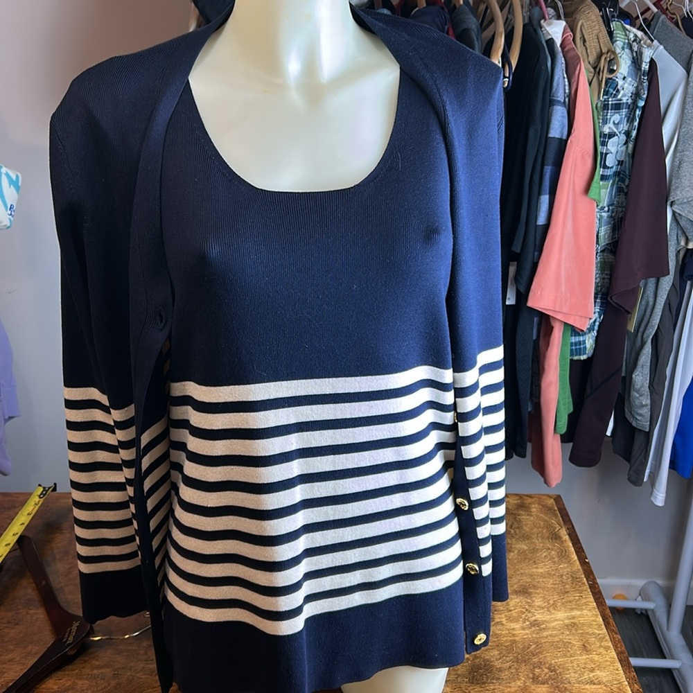 Lauren Ralph Lauren Blue and White Button Down Tank Top with Cardigan - Picture 2 of 16